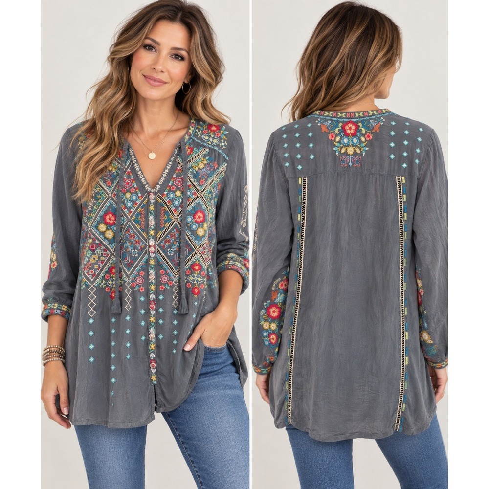 Johnny Was Top Gray Floral Embroidered Cupra Rayon Boho Blouse Size M